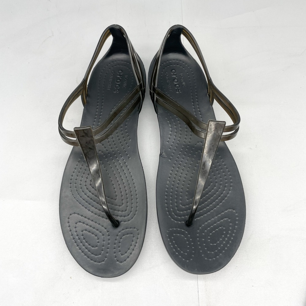 Crocs Isabella TStrap Black Jelly Sandals Womens 10 Slingback Beach Flats Shoes